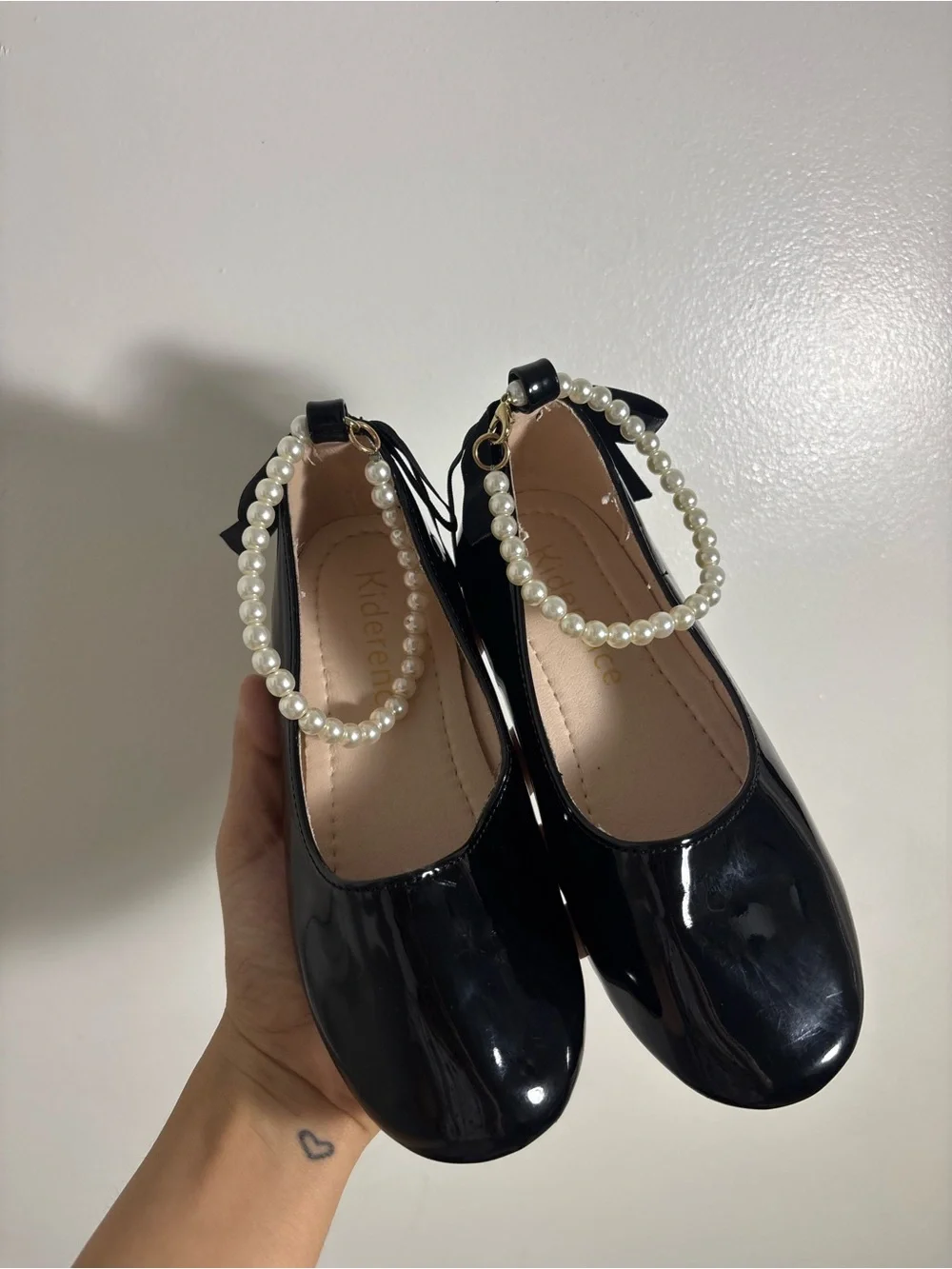 Black Patent Mary Jane Flats with Pearl Ankle Straps